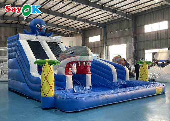 Parque de diversões escorregador inflável com piscina 19.7ft gigante escorregador de água de tubarão inflável para crianças
