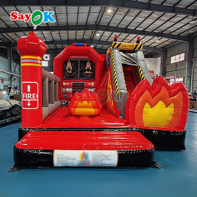 Castelo Inflável Personalizado Sayok, Estação de Bombeiros Inflável, Cama Elástica com Escorregador e Caminhão de Bombeiros