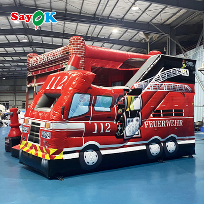 Castelo Inflável Personalizado Sayok, Estação de Bombeiros Inflável, Cama Elástica com Escorregador e Caminhão de Bombeiros
