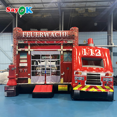 Castelo Inflável Personalizado Sayok, Estação de Bombeiros Inflável, Cama Elástica com Escorregador e Caminhão de Bombeiros