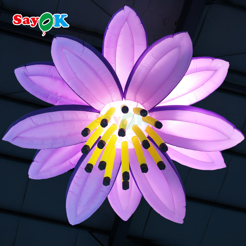 Iluminação LED gigante Flores penduradas Roxa Flores de lótus infláveis Decoração do clube de casamento