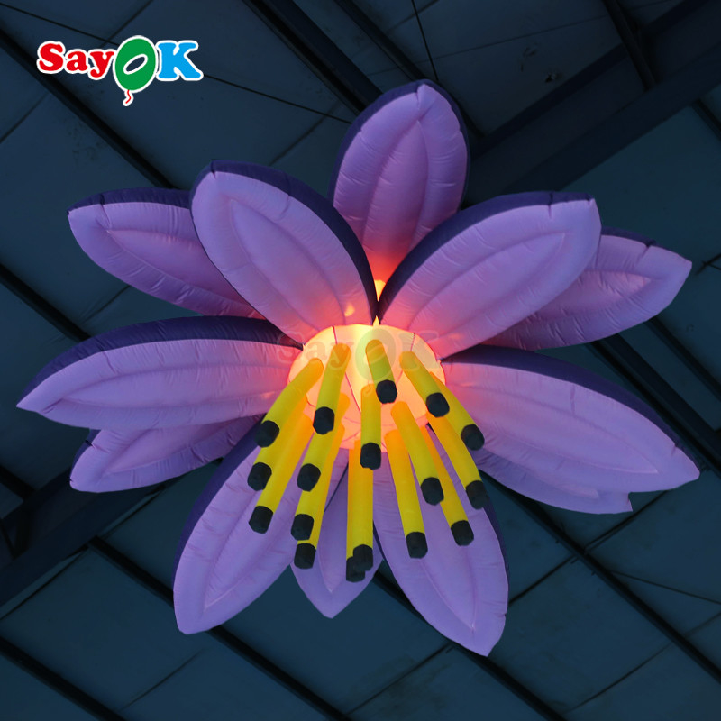 Flores de lótus gigantes penduradas de cor roxa infláveis LED para decoração de eventos