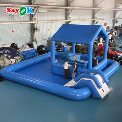 Outdoor Commercial Inflatable Pool Bar with Seats and Slide 26.2ftx26.2ftx13.5ft Made of 0.6mm PVC Tarpaulin and Flame-Retardant